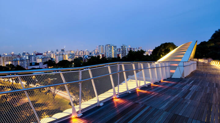 Henderson Waves pedestrian bridge lit at dusk, timber deck and wave canopy above the Singapore skyline